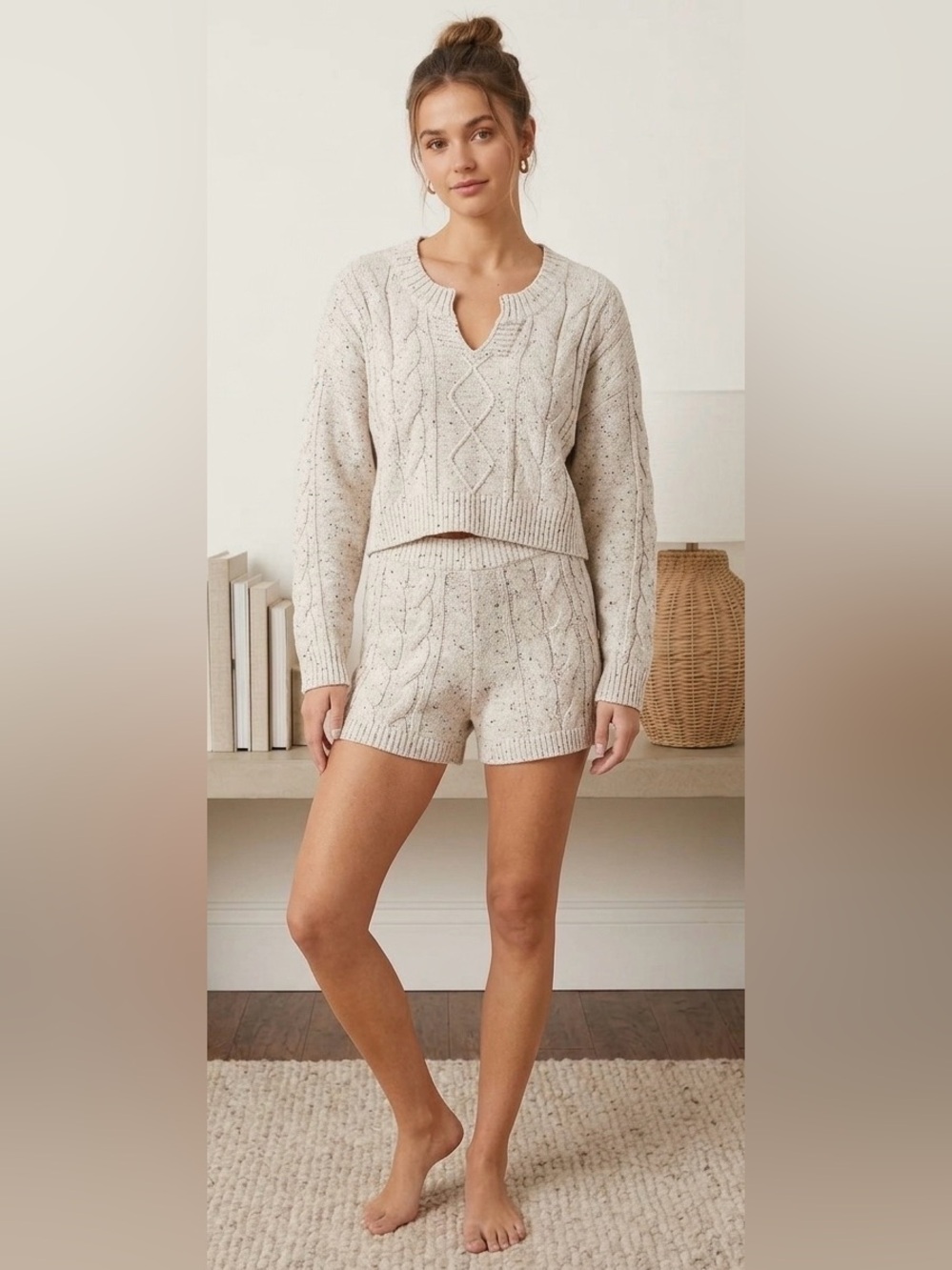 Cozy Life Blu Pepper cable Knit Crop Sweater & Shorts Lounge Set Oatmeal Speckle